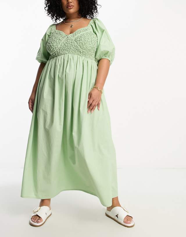 ASOS Curve - ASOS DESIGN Curve cotton shirred corset midi dress in sage green