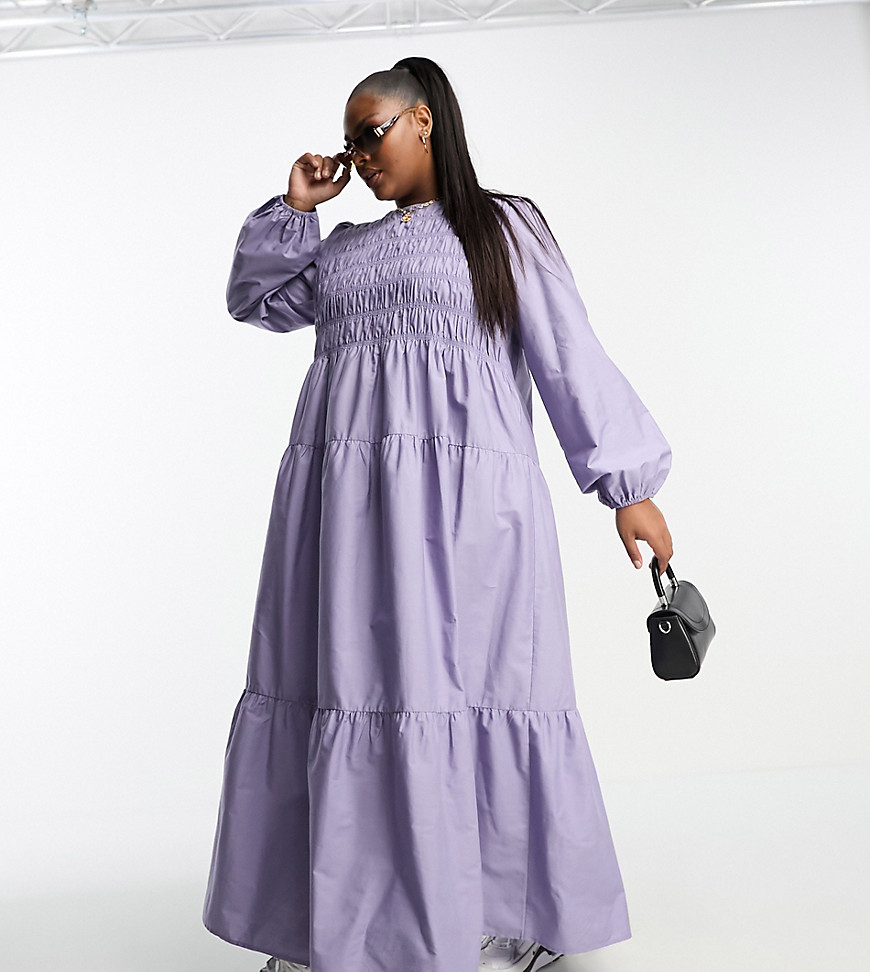 ASOS DESIGN Curve cotton shirred maxi smock dress with puff sleeve in lilac-Purple