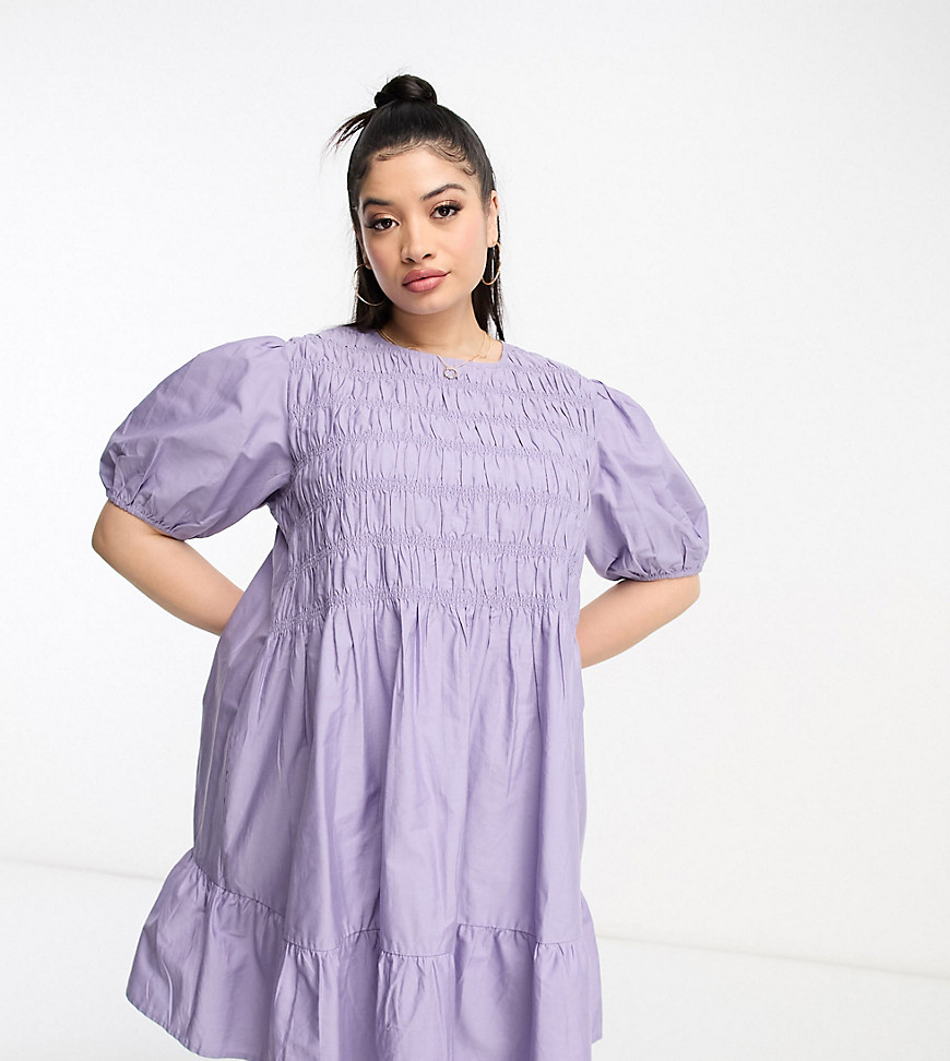 ASOS DESIGN Curve cotton shirred mini smock dress with puff sleeve in lilac-Purple