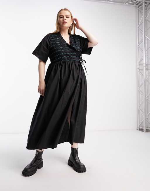 ASOS DESIGN Curve cotton shirred wrap midi smock dress in black