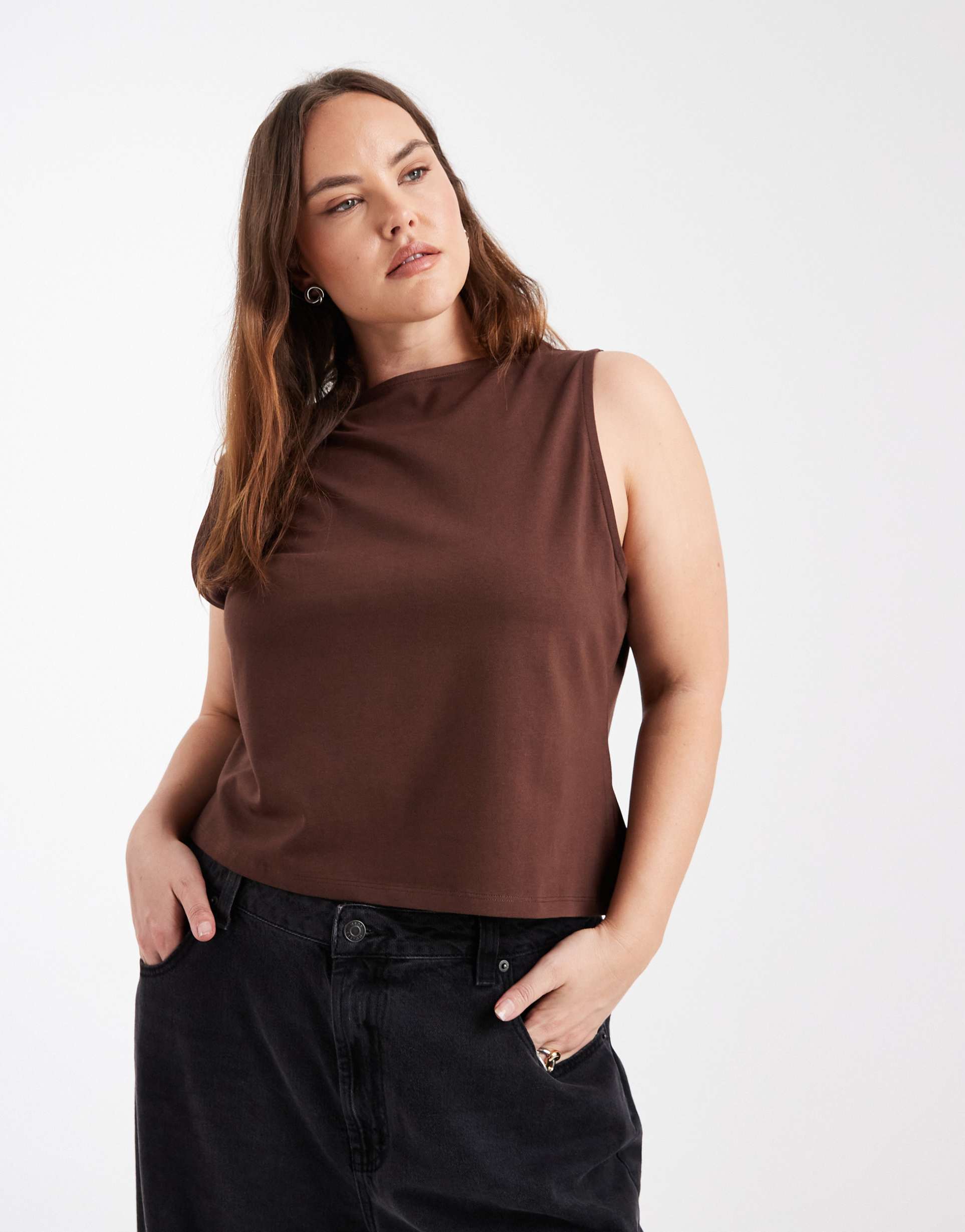 asos design curve cotton sleeveless boat neck tank top with asymmetric hem in chocolate