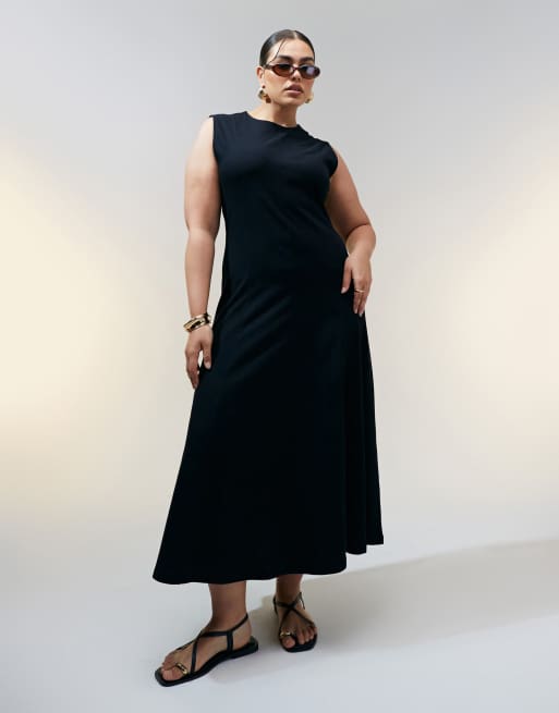 ASOS DESIGN Curve cotton sleeveless midi sundress in black, 3 of 4