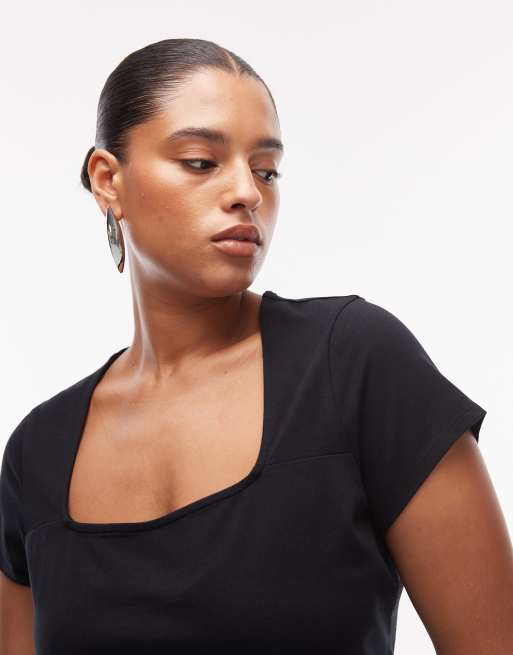 ASOS DESIGN Curve cotton square neck cap sleeve top in black, 3 of 4