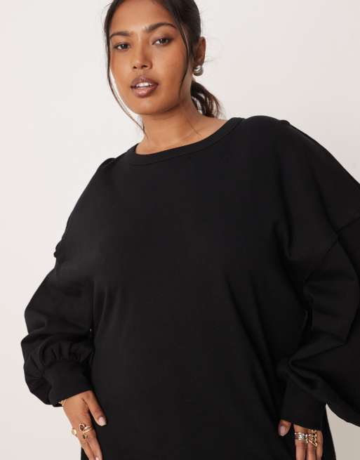 ASOS DESIGN Curve cotton sweat trapeze mini dress in black , 2 of 4