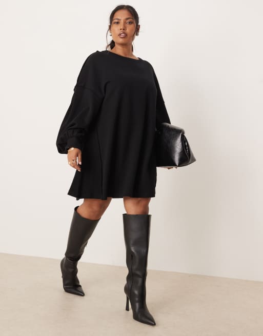 ASOS DESIGN Curve cotton sweat trapeze mini dress in black , 4 of 4