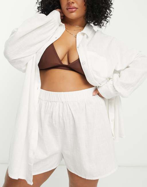 ASOS DESIGN Curve cotton textured beach shorts in white (part of a set), 2 of 4