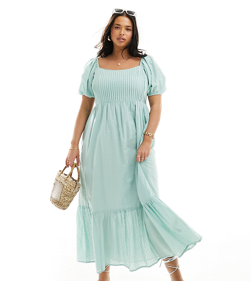 Asos Curve Asos Design Curve Cotton Textured Midi Dress With Lace Up Back In Sage-green