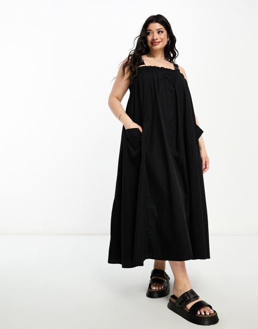 ASOS DESIGN Curve cotton trapeze dungaree sundress in black