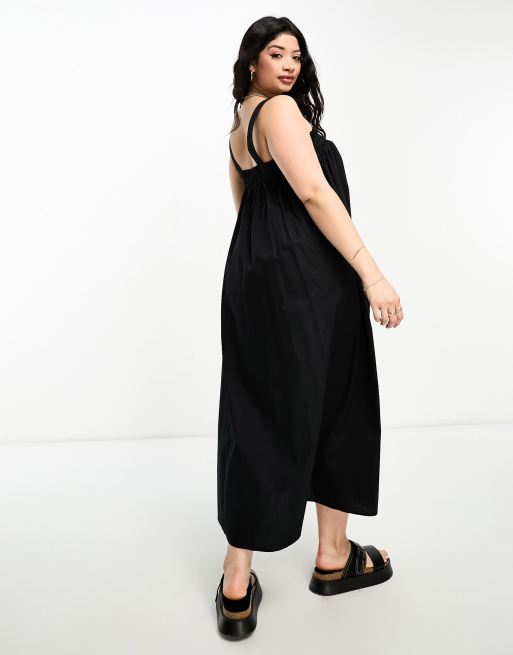 ASOS DESIGN Curve cotton trapeze dungaree sundress in black