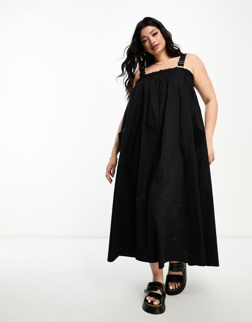 ASOS DESIGN Curve cotton trapeze dungaree sundress in black