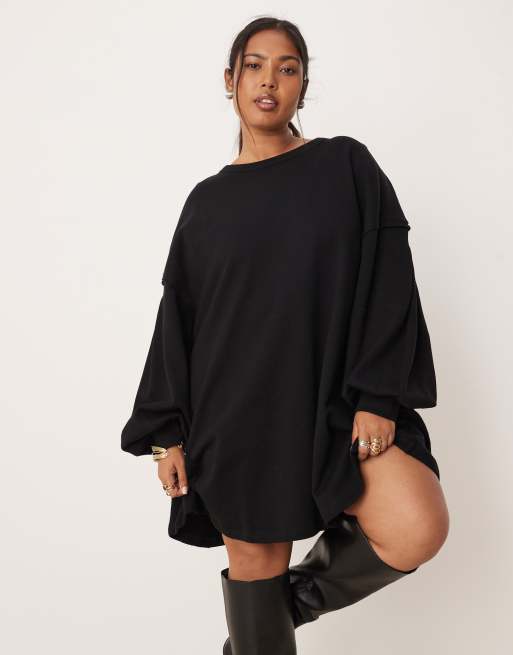 ASOS DESIGN Curve cotton trapeze mini dress in black 