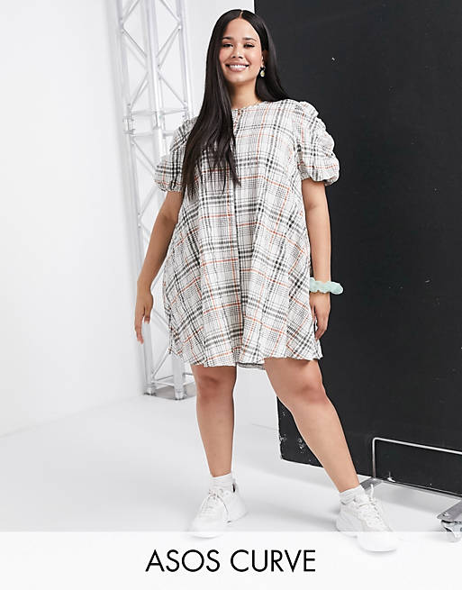 ASOS DESIGN Curve cotton trapeze mini smock dress with ruched sleeves in check
