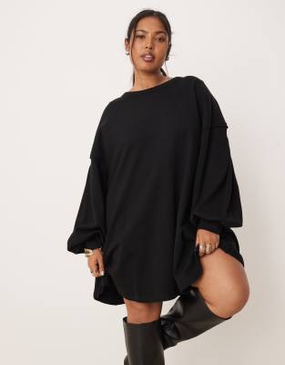 ASOS DESIGN Curve cotton trapeze mini sweats dress in black-Red