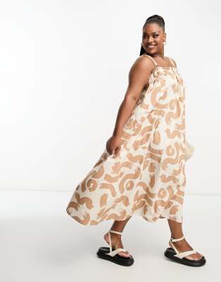 ASOS Curve ASOS DESIGN Curve cotton trapeze overall midi sundress in brown abstract print-Multi