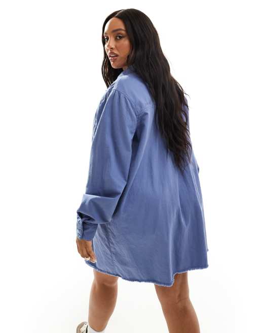 ASOS DESIGN Curve cotton twill pocket shift mini with raw hem in denim blue, 2 of 4