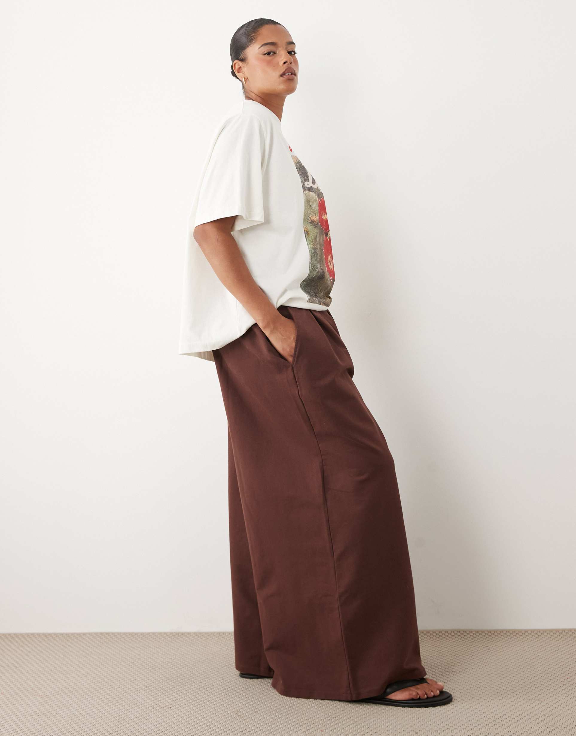 asos design curve cotton twill wide leg pants in chocolate
