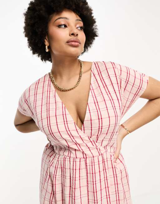 ASOS DESIGN Curve cotton v neck midi smock dress in pink check, 2 of 4