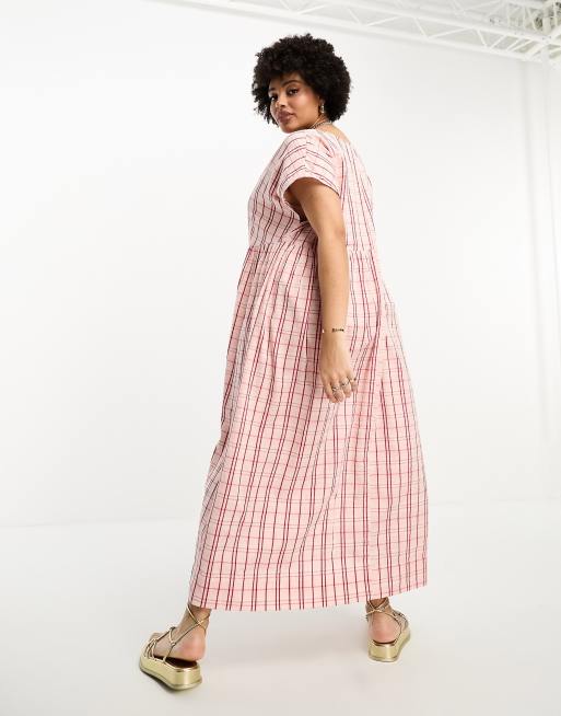 ASOS DESIGN Curve cotton v neck midi smock dress in pink check, 3 of 4