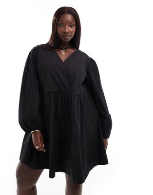 Asos Curve Asos Design Curve Cotton V-neck Mini Smock Dress In Black