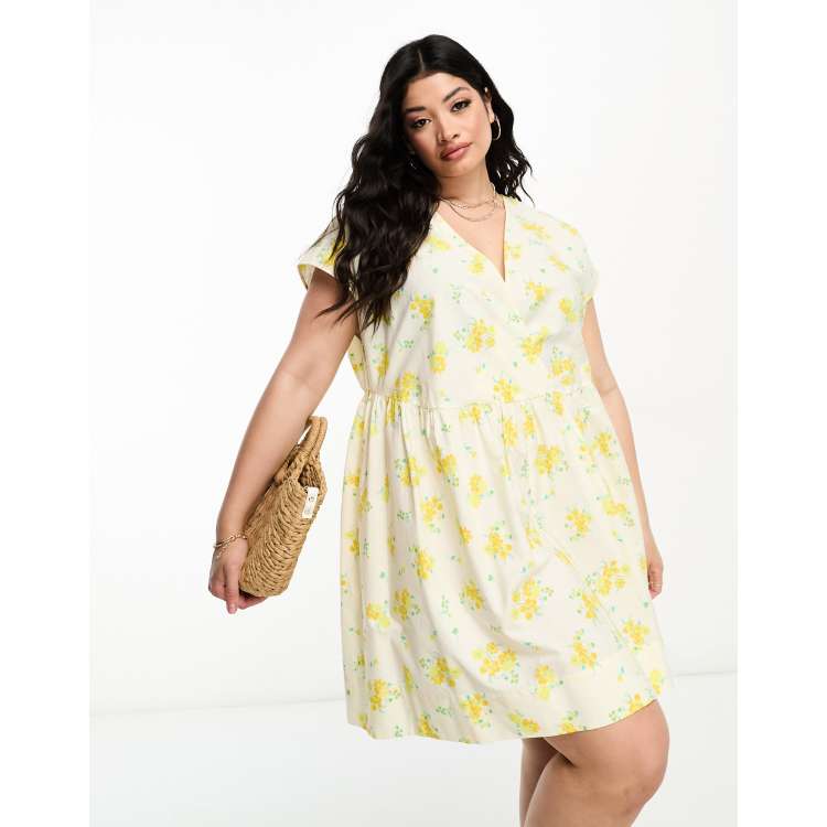 ASOS DESIGN Curve cotton v neck mini smock dress in ditsy floral