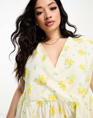 ASOS DESIGN Curve cotton v neck mini smock dress in ditsy floral