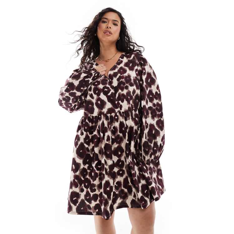 ASOS DESIGN Curve cotton v neck mini smock dress in leopard print