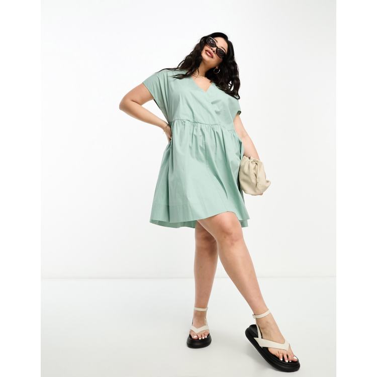ASOS DESIGN Curve cotton v neck mini smock dress in seafoam green | ASOS