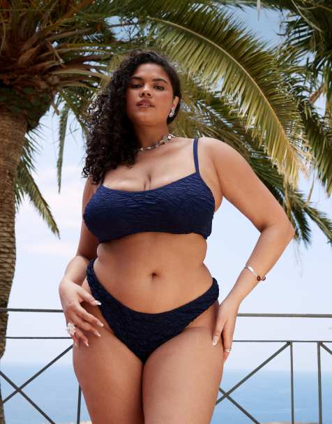 ASOS DESIGN Curve - Courtney Florida - Slip bikini testurizzato blu navy - view 1