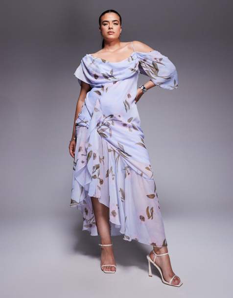 ASOS DESIGN Curve cowl neck bias midaxi dress with asymmetric pephem in blue floral print - view 1