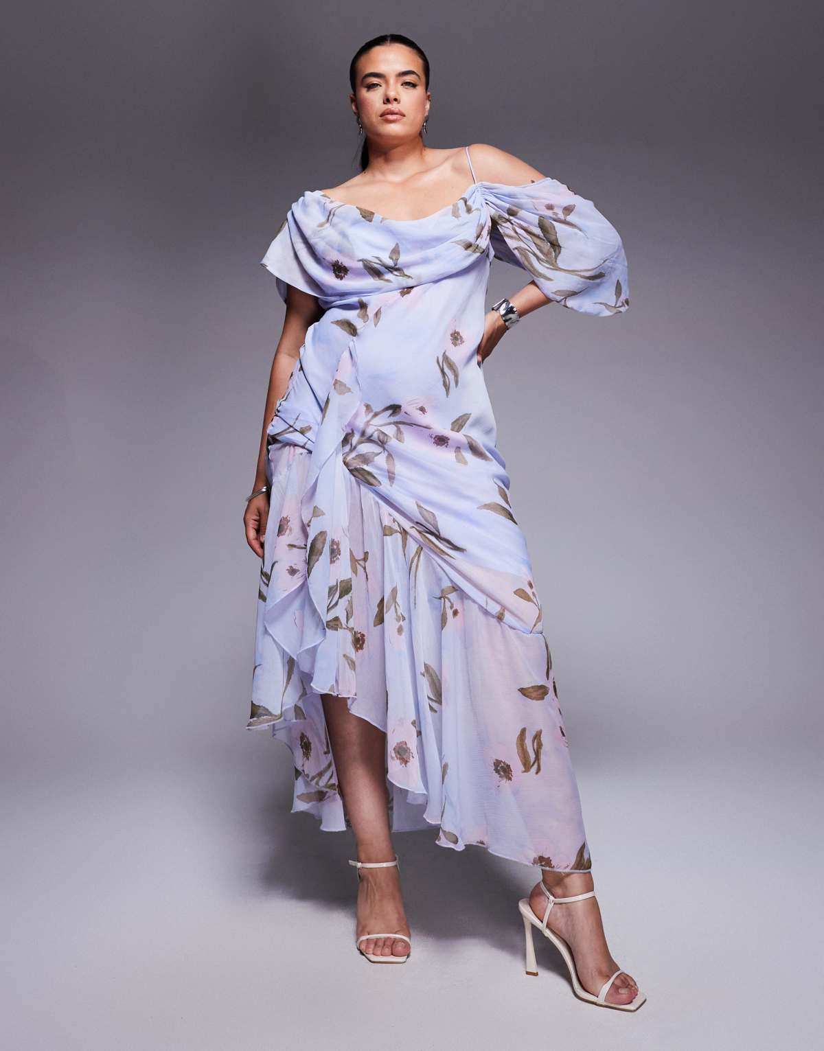 ASOS DESIGN Curve cowl neck bias midaxi dress with asymmetric pephem in blue floral print