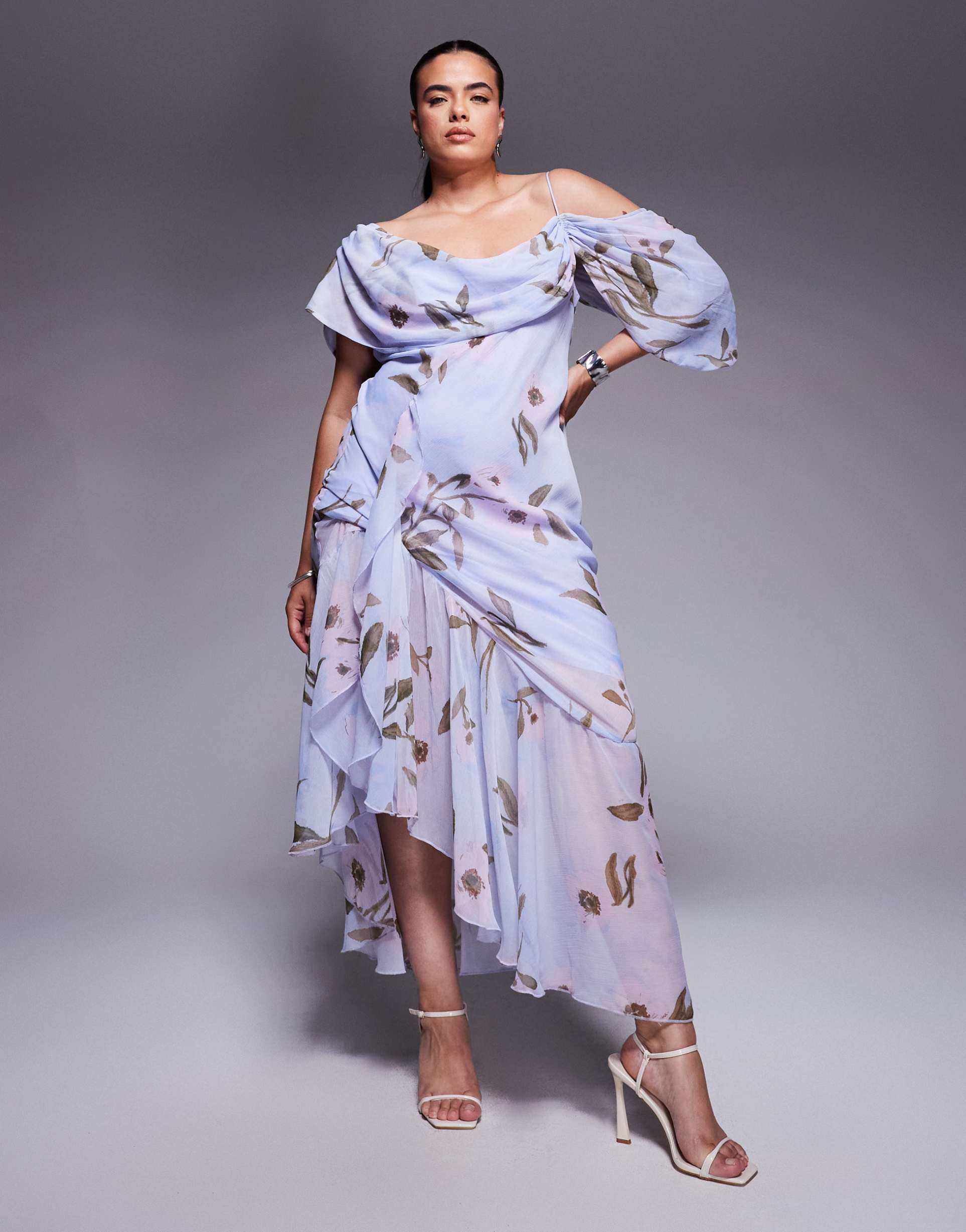 asos design curve cowl neck bias midaxi dress with asymmetric pephem in blue floral print