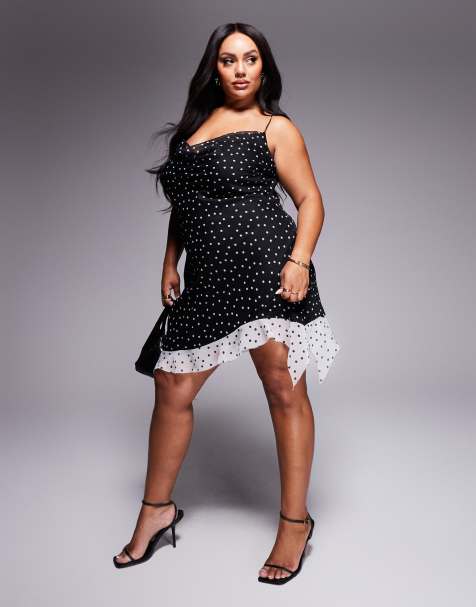 ASOS DESIGN Curve cowl neck bias mini dress with contrast hem in polka dot print - view 1