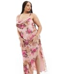 [ASOS Curve] ASOS DESIGN Curve cowl neck chiffon bias maxi dress with flutter sleeve in rose floral print-Multi 18 Rose floral print
