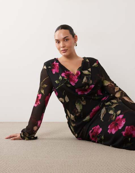 ASOS DESIGN Curve cowl neck chiffon maxi dress in dark pink floral - view 1