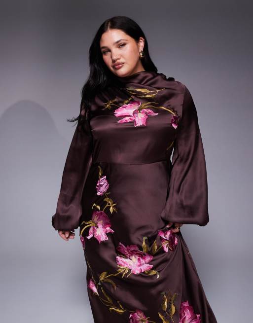ASOS DESIGN Curve cowl neck floral embroidered bias cut maxi dress with blouson sleeves in chocolate