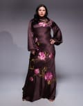 [ASOS Curve] ASOS DESIGN Curve cowl neck floral embroidered bias maxi dress with blouson sleeve in chocolate-Brown 22 Chocolate