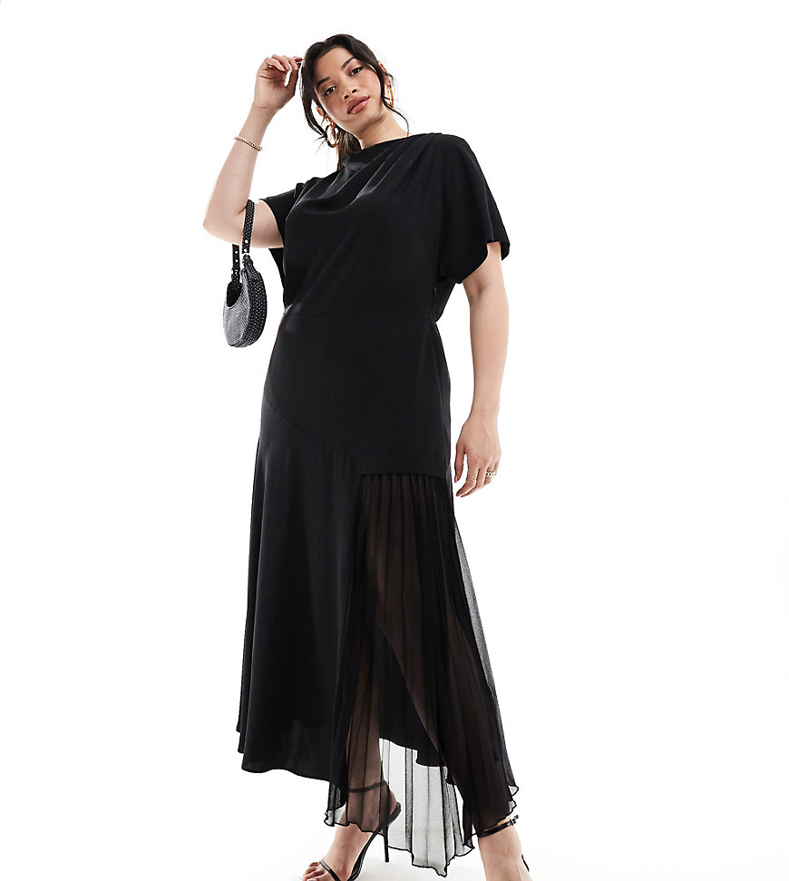 Asos Curve Asos Design Curve Cowl Neck Midi Dress With Asymmetric Pleat Hem In Black