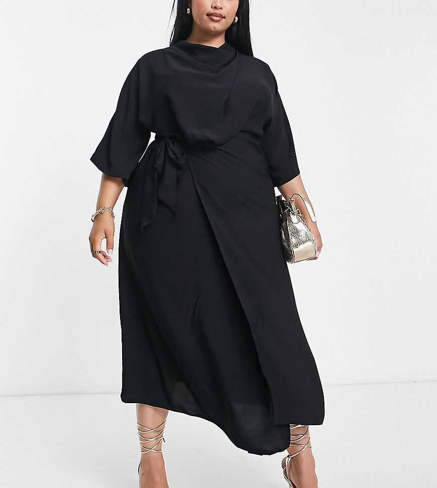 Plus-size dress by ASOS Curve Next stop: checkout Cowl neck Batwing sleeves Button-keyhole back Tie side waist Regular fit