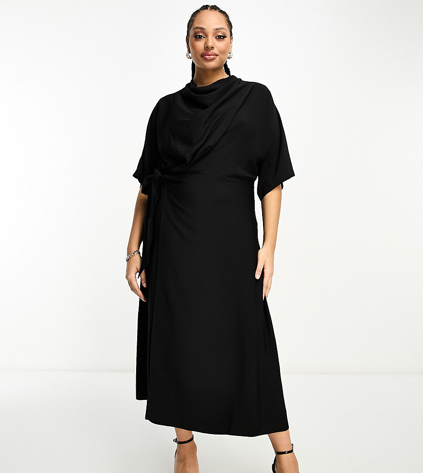 Asos Curve Asos Design Curve Cowl Neck Midi Dress With Wrap Skirt In Black