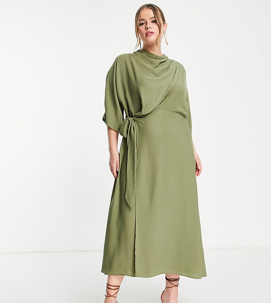 Plus-size dress by ASOS DESIGN Très chic Cowl neck Batwing sleeves Button-keyhole back Tie side waist Regular fit