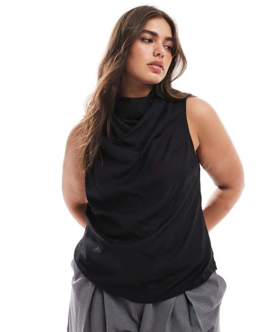 ASOS DESIGN Curve cowl neck sleeveless top in linen blend in black, 2 of 4