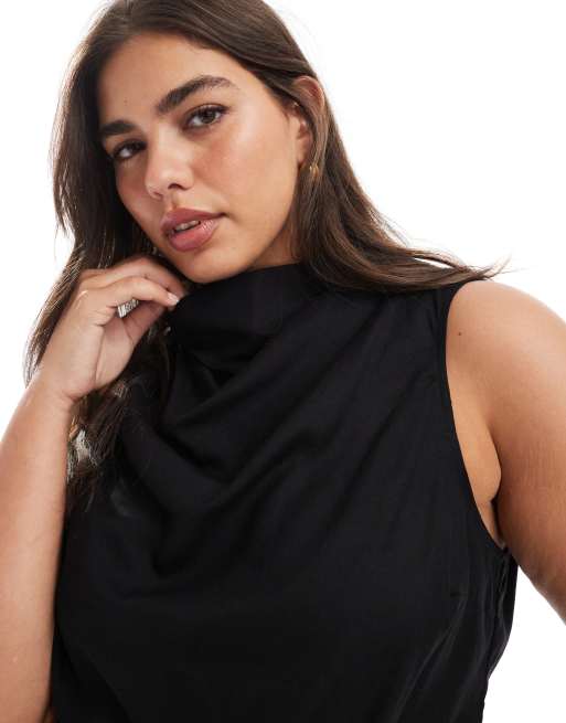 ASOS DESIGN Curve cowl neck sleeveless top in linen blend in black, 3 of 4