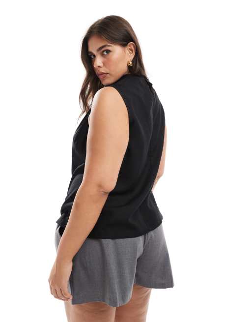 ASOS DESIGN Curve cowl neck sleeveless top in linen blend in black, 4 of 4
