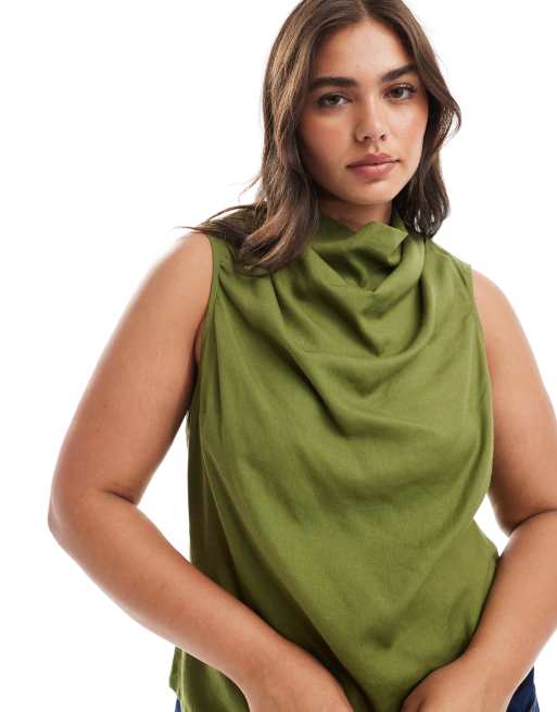 ASOS DESIGN Curve cowl neck sleeveless top in linen blend in khaki