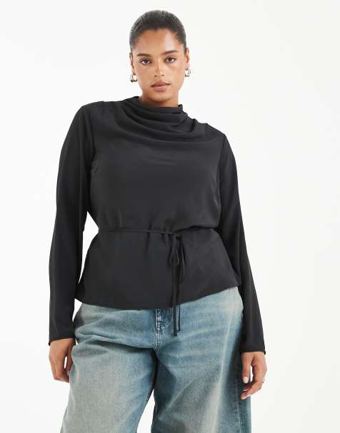 ASOS DESIGN Curve cowl neck tie waist blouse in black - view 1