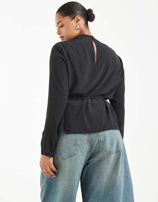 ASOS DESIGN Curve cowl neck tie waist blouse in black, 2 of 4