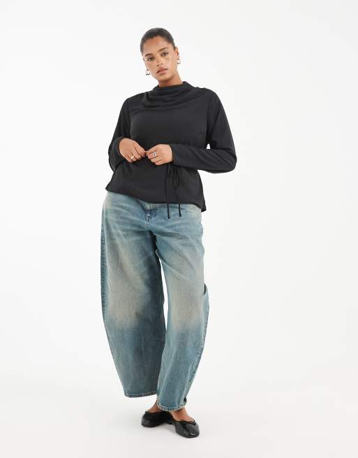 ASOS DESIGN Curve cowl neck tie waist blouse in black, 4 of 4