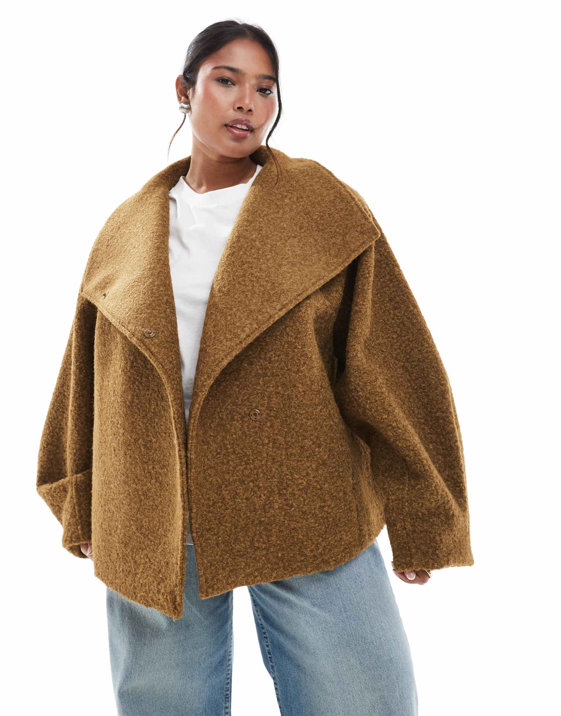 asos design curve cozy funnel neck oversized jacket in olive