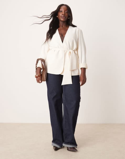 ASOS DESIGN Curve - Cremefarvet blazer med bindebånd i taljen - view 1