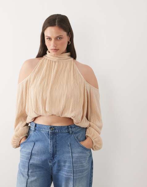 ASOS DESIGN Curve - Cremehvid cold shoulder-top med boblesnit og plisseringer - view 1